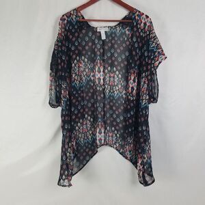 Just Be Shirt Womens Small Multicolor Duster Top Lace Shoulder Short Sleeve Open